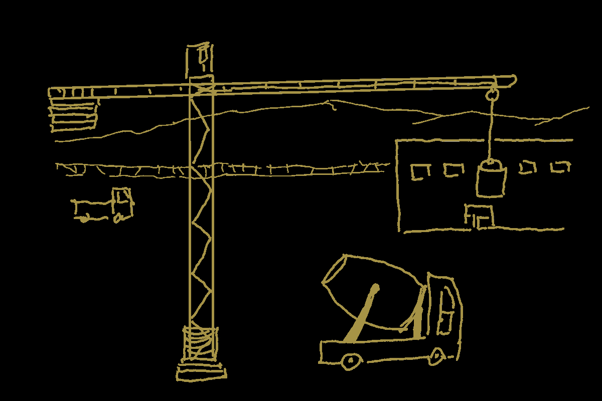 Disegno di fradefra: cantiere industriale con gru, betoniera e camioncini, illustrazione per un caso di consulenza in Iran.