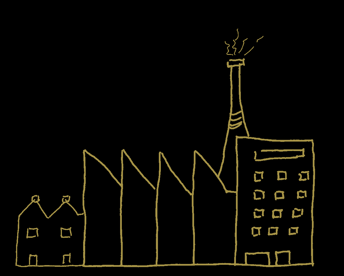 Un complesso industriale con capannoni e ciminiere che spargono fumo, rappresentato da un disegno di fradefra.