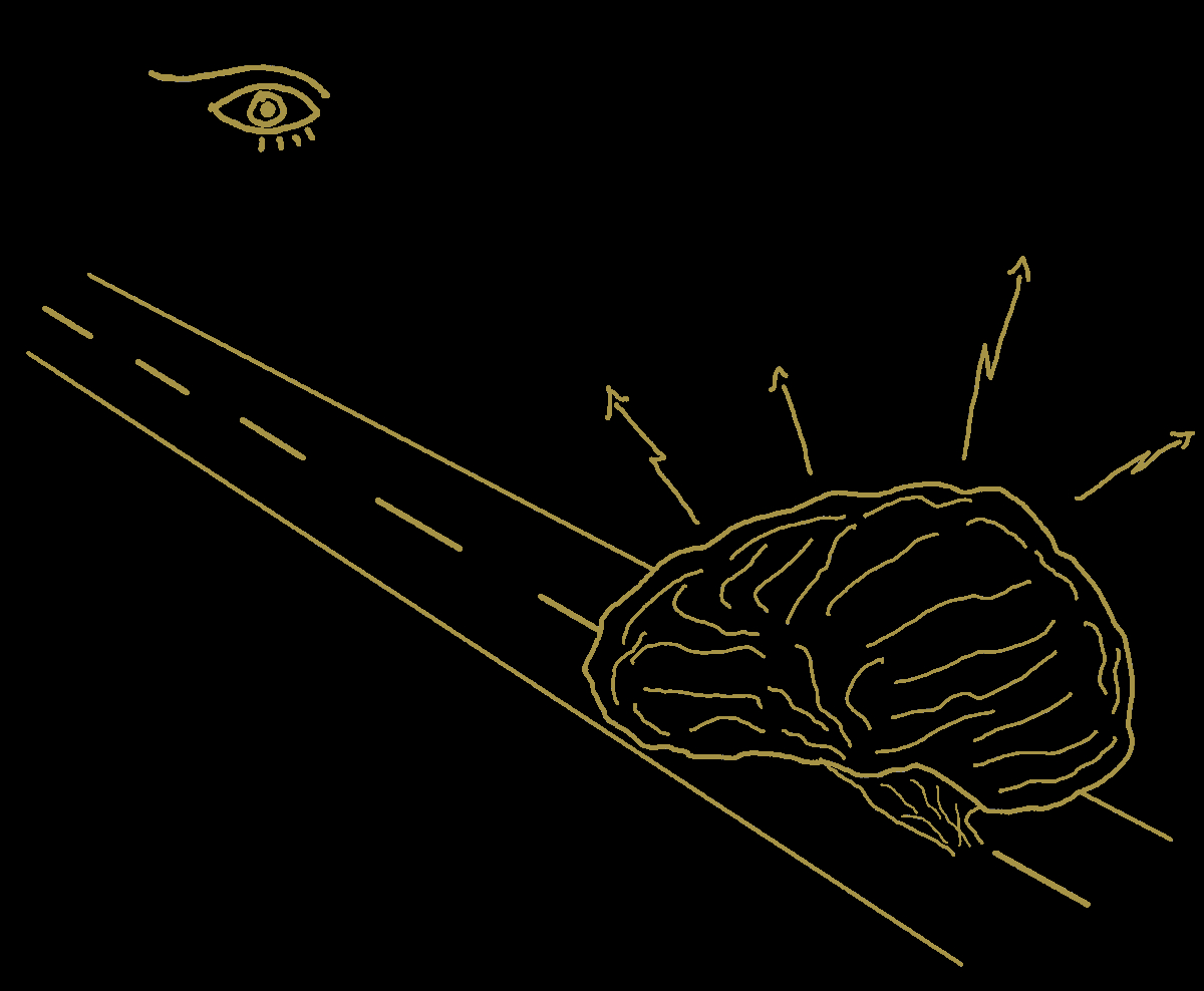 Disegno di un cervello che percorrendo una strada si stressa, con in alto un occhio che lo osserva, fatto per rappresentare lo stress.