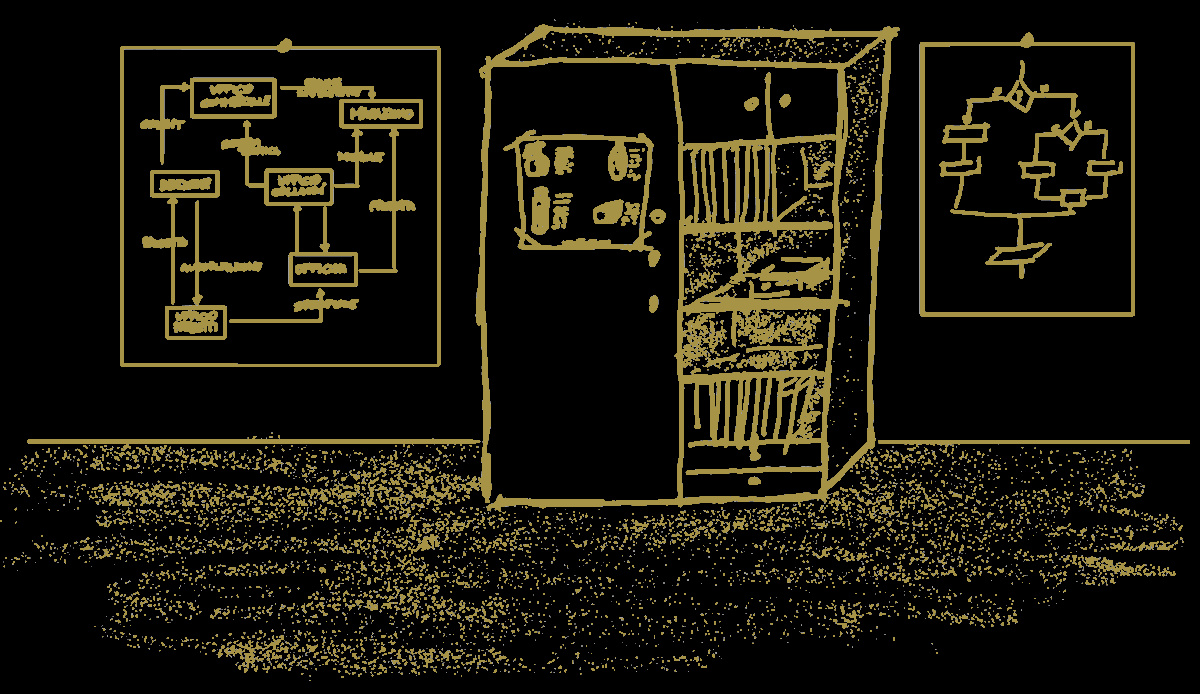 Disegno di uno scaffale ordinato, con poster di diagrammi di flusso e classici flow-chart procedurali.
