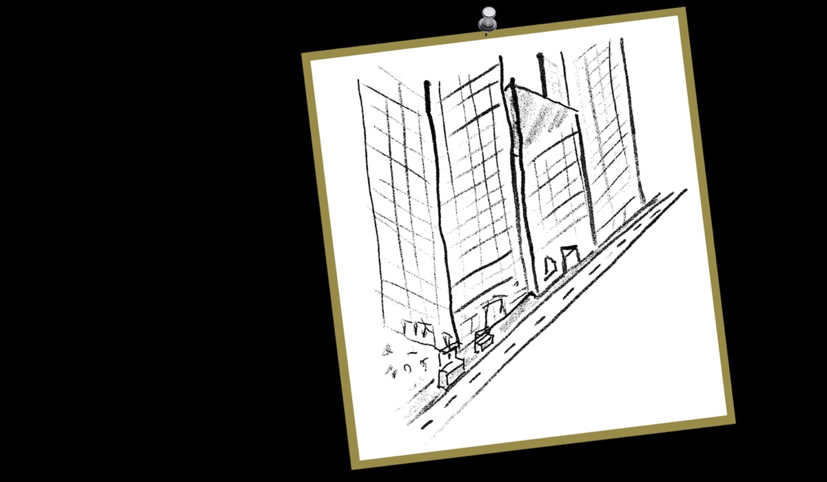 Il disegno di una strada, con grattacieli, edifici bassi e bancarelle, a simbolo dell'evento sulla filosofia della Via.