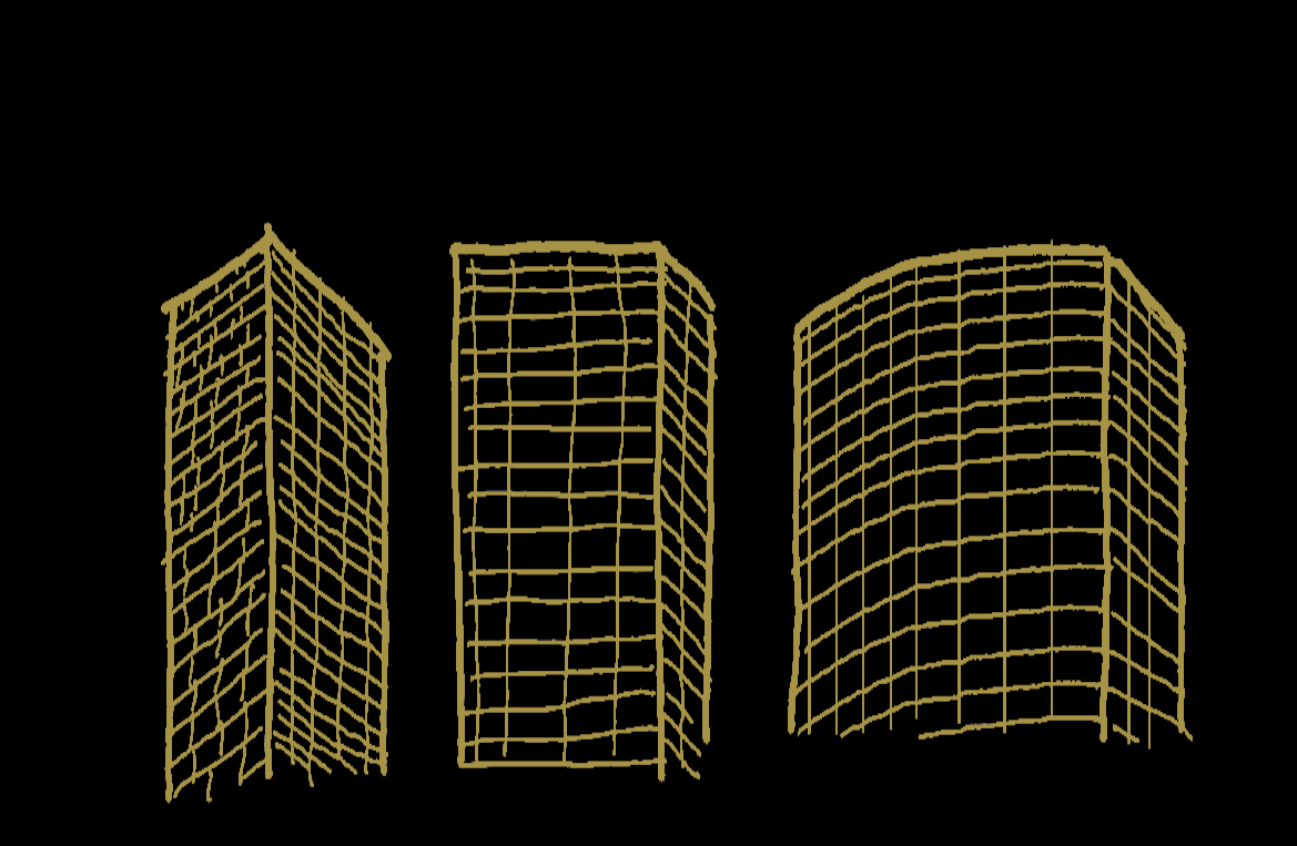 Un gruppo di grattacieli nella zona del gruppo Eni a San Donato Milanese, rappresentato da alcuni schizzi di Francesco de Francesco.
