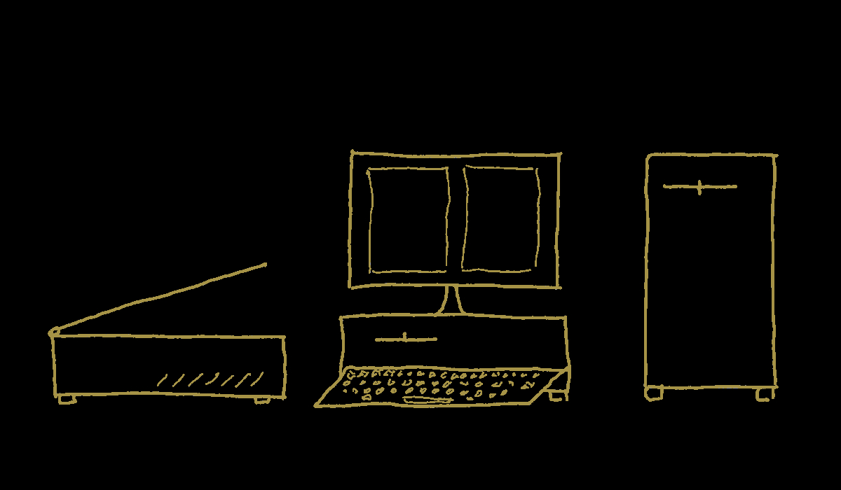 Il disegno di un sistema di archiviazione ottica: scanner, computer, monitor e juke-box di dischi ottici, fatto da Francesco di Fradèfra Insight.