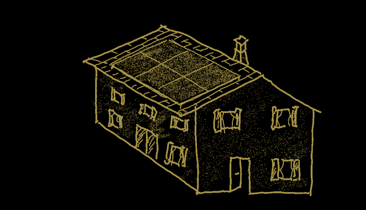 Un tetto con moduli (molti li chiamano pannelli) fotovoltaici, in un disegno di Francesco de Francesco (aka fradefra).