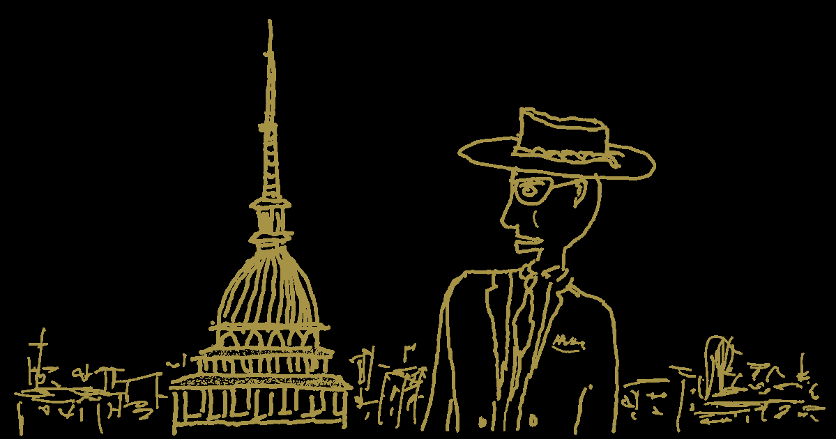 Disegno di Fradèfra di profilo, con la Mole Antonelliana e la skyline di Torino, città della conferenza.
