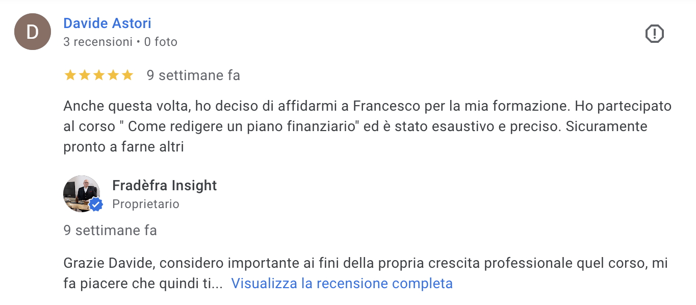 Una recensione su uno dei miei corsi per la crescita professionale, quello sul Redigere un Piano Finanziario.