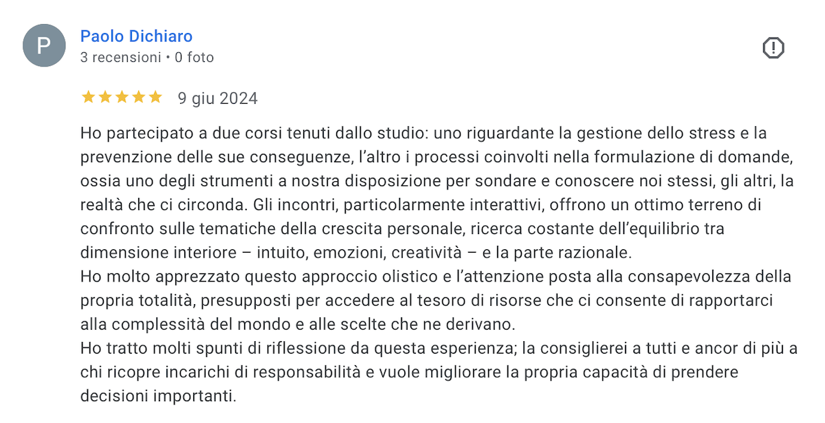 La recensione di una persona che ha fatto un lungo percorso con me, curando la sua crescita personale e professionale, in vari ambiti.
