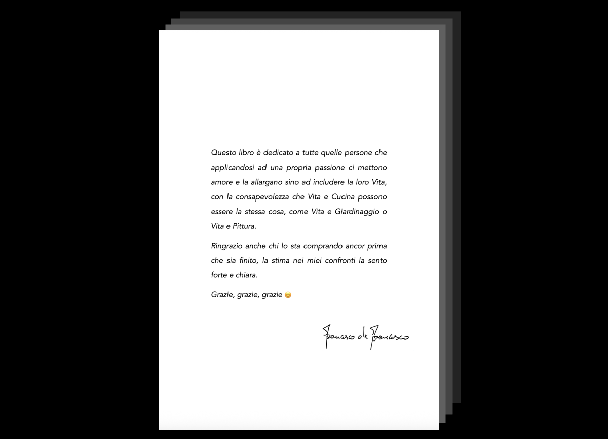 La pagina del libro La Via della Cucina, in cui ho scritto una dedica.