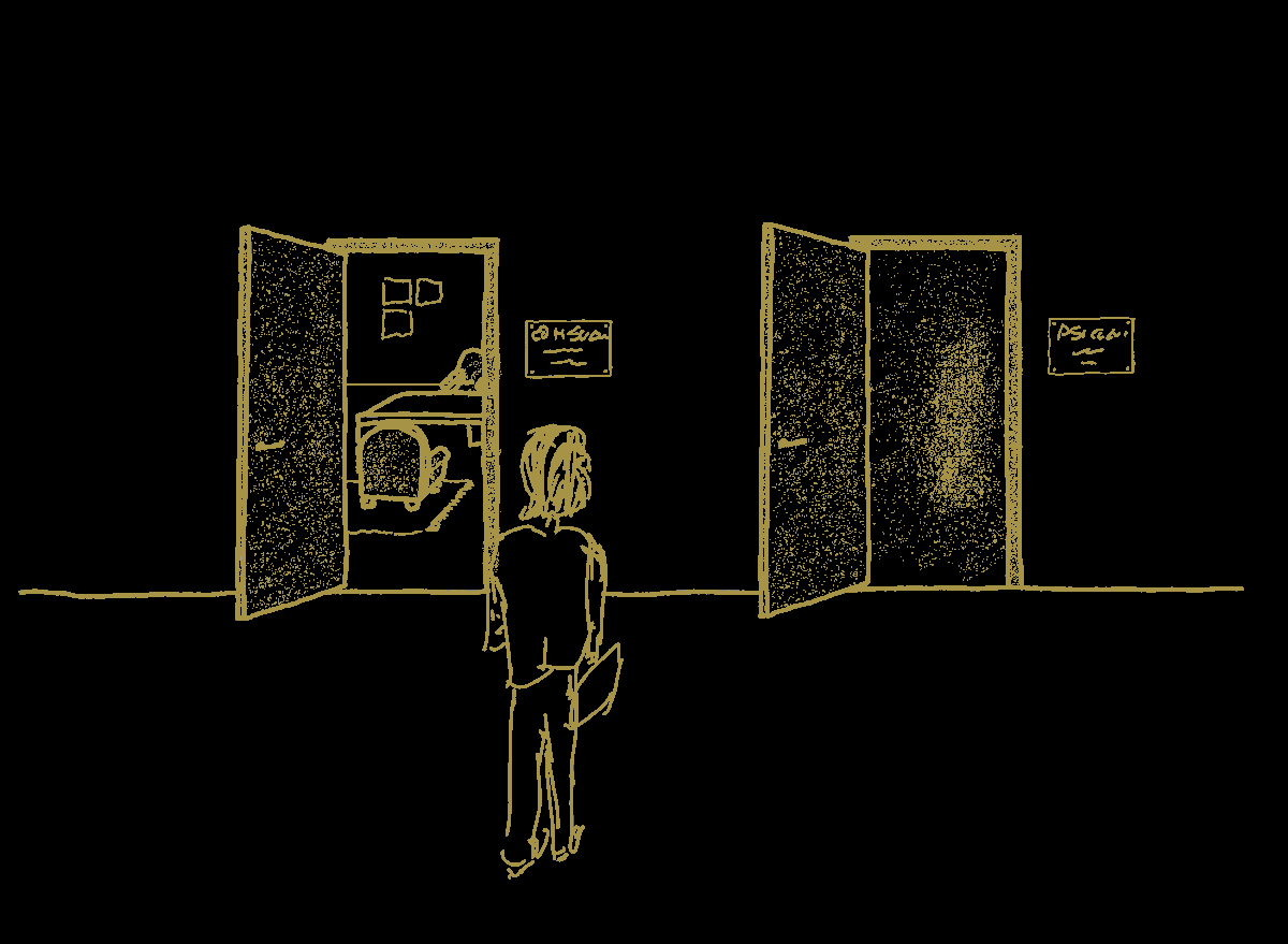Due studi affiancati, uno del consulente per la crescita, l'altro di uno psicologo. Una persona di spalle guarda entrambe le porte. Disegno di Francesco de Francesco per Fradefra Insight.