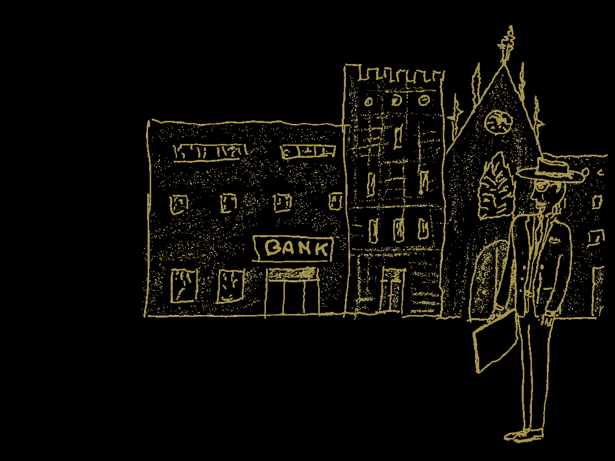 Disegno di Fradefra (Francesco de Francesco) che col suo cappello guarda un gruppo di edifici a carattere lavorativo / economico, rappresenta la sezione case history del sito dello studio Fradèfra Insight.